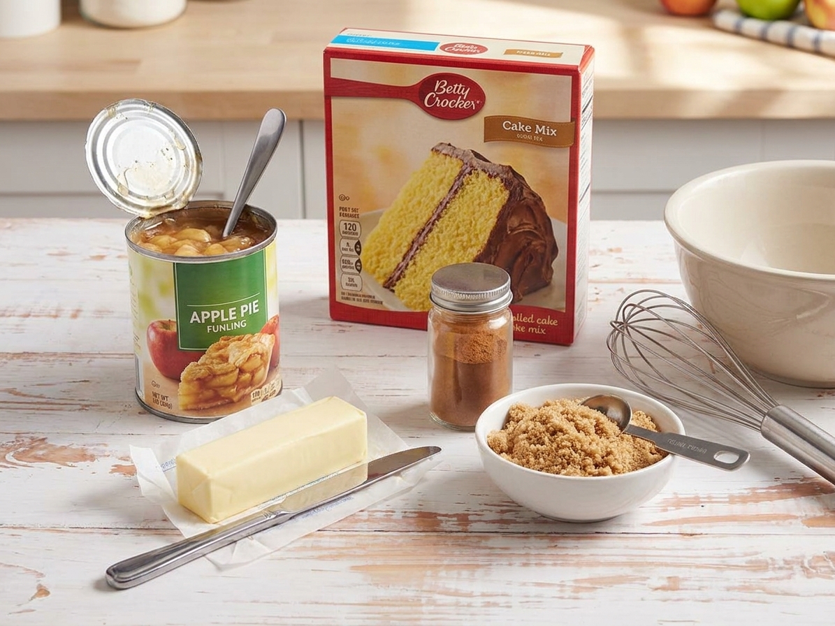 Ingredients for apple dump cake on a light kitchen counter, including canned apple pie filling, yellow cake mix, butter, cinnamon, and brown sugar
