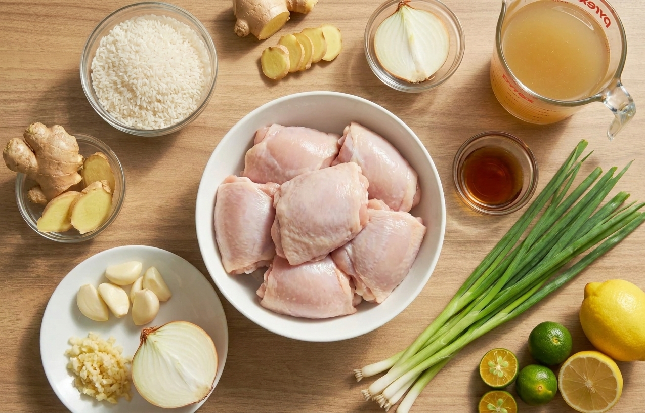 Ingredients for arroz caldo on a kitchen counter including chicken thighs, uncooked rice, ginger, garlic, onion, chicken broth, fish sauce, scallions, and calamansi or lemon