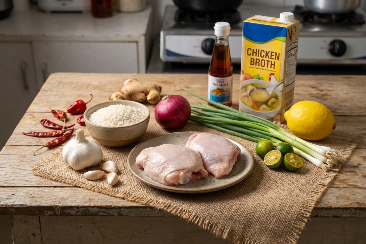 Ingredients for arroz caldo on a kitchen counter, including chicken thighs, jasmine rice, ginger, garlic, onion, fish sauce, chicken broth, scallions, and calamansi or lemon