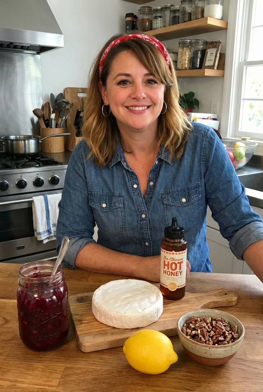 Ingredients for baked Brie on a kitchen counter including a Brie wheel, cranberry sauce, hot honey, lemon, and chopped pecans