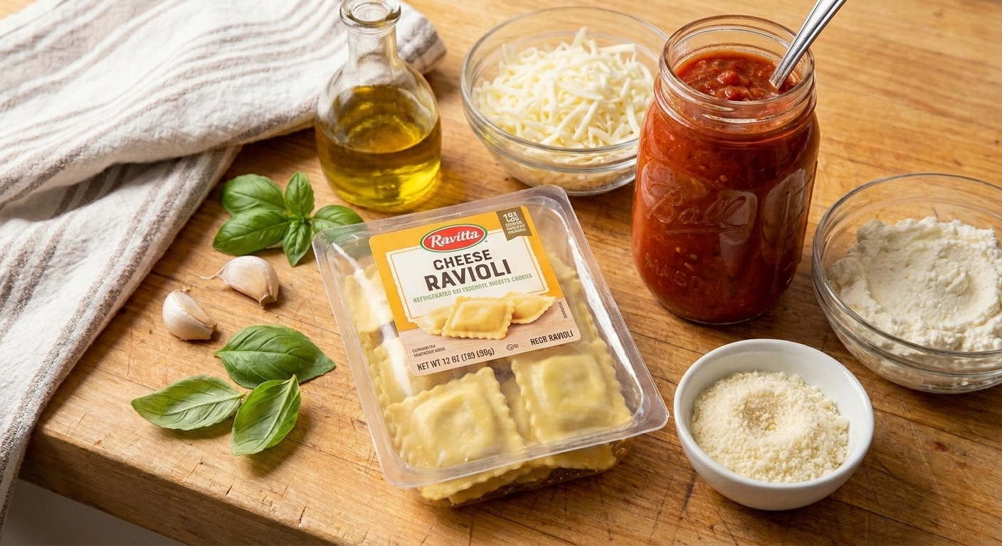 Ingredients for baked ravioli arranged on a kitchen counter: refrigerated ravioli, marinara sauce, mozzarella, ricotta, parmesan, garlic, basil, and olive oil