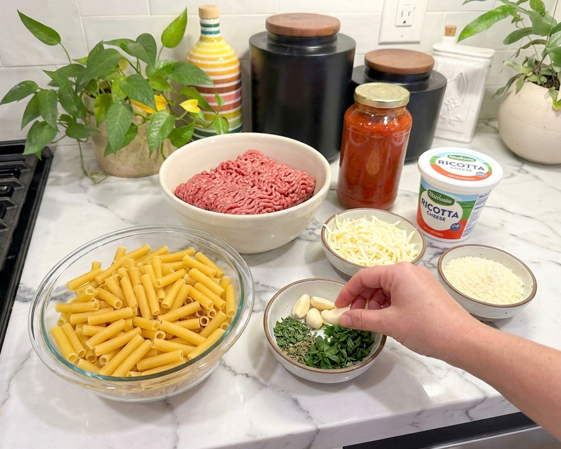 Ingredients for baked ziti laid out on a kitchen counter including ziti pasta, ground beef, marinara, ricotta, mozzarella, Parmesan, garlic, and herbs in small bowls