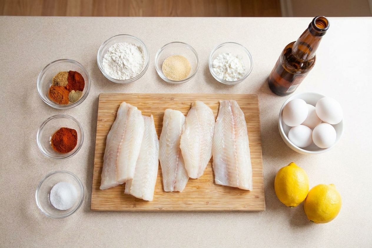 Ingredients for beer-battered fish on a kitchen counter, including flour, cornstarch, spices, eggs, beer, lemons, and fish fillets