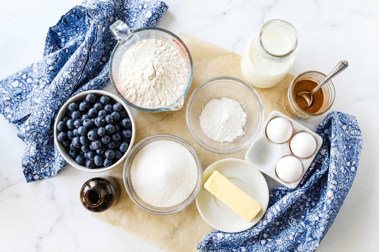 Ingredients for blueberry buckle arranged together, including blueberries, flour, sugar, butter, eggs, milk, baking powder, cinnamon, and vanilla