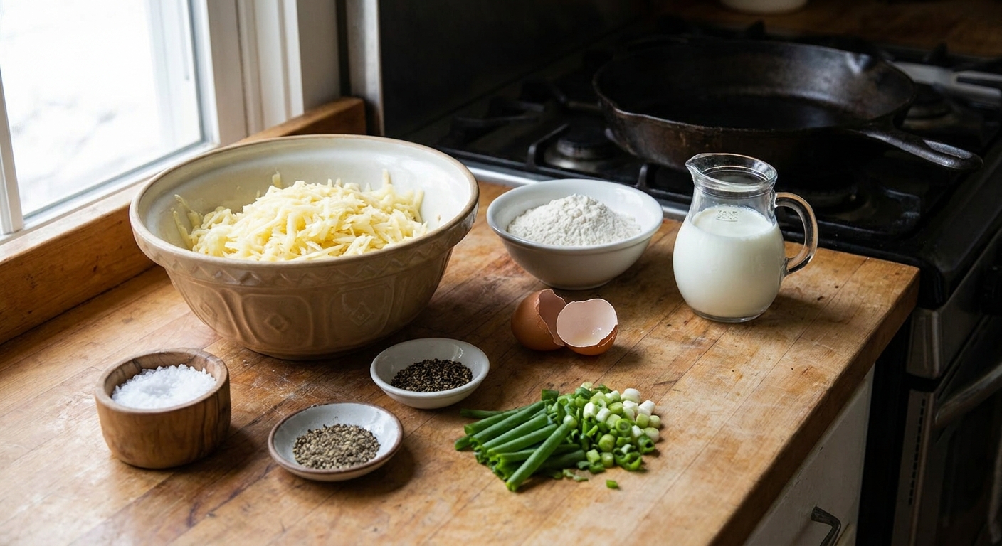 Ingredients for boxty arranged on a kitchen counter, including grated potato, flour, buttermilk, egg, salt, pepper, and scallions