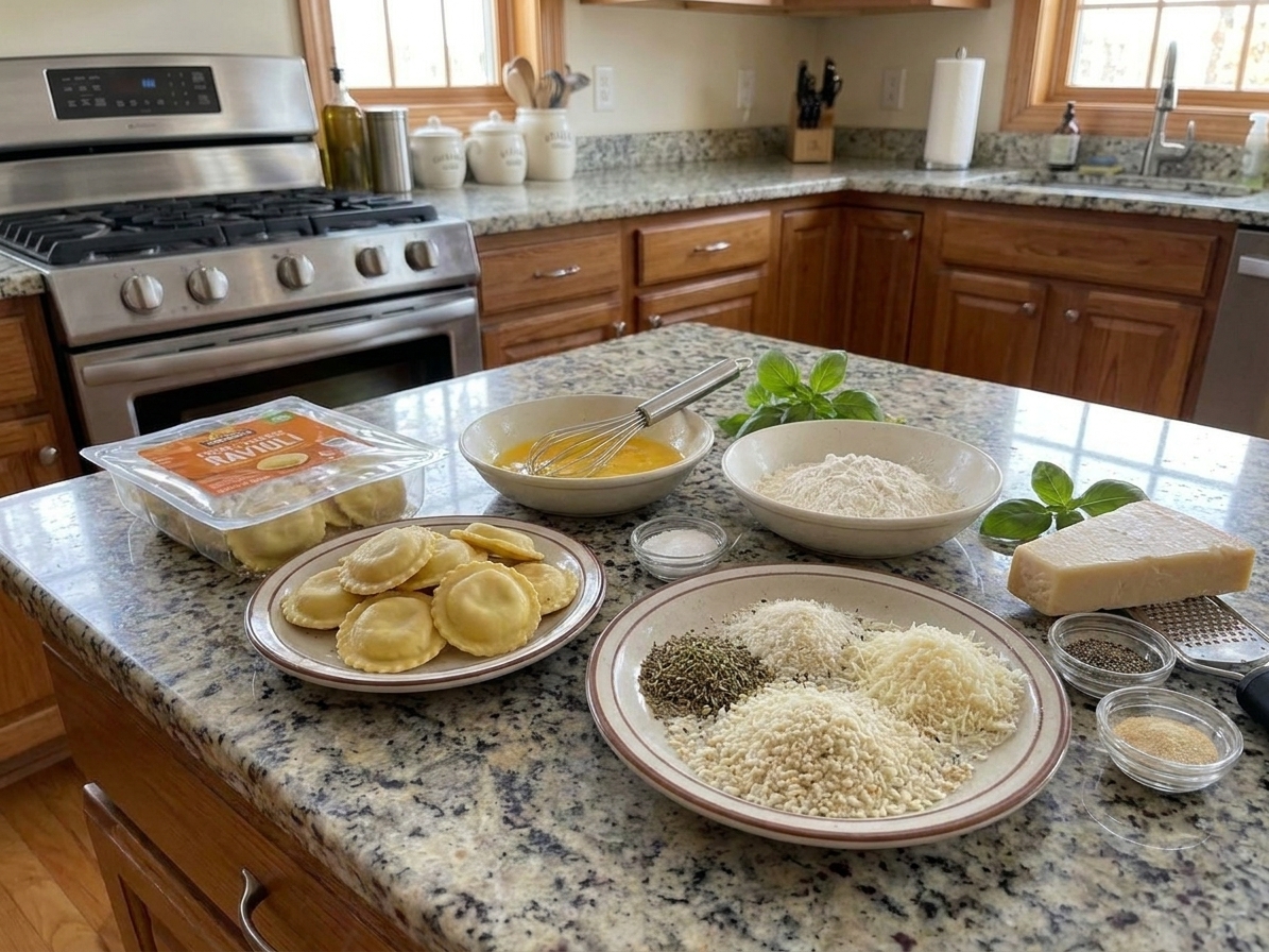 Ingredients for breading fried ravioli laid out on a kitchen counter, including refrigerated ravioli, eggs, flour, panko breadcrumbs, Parmesan, and seasonings
