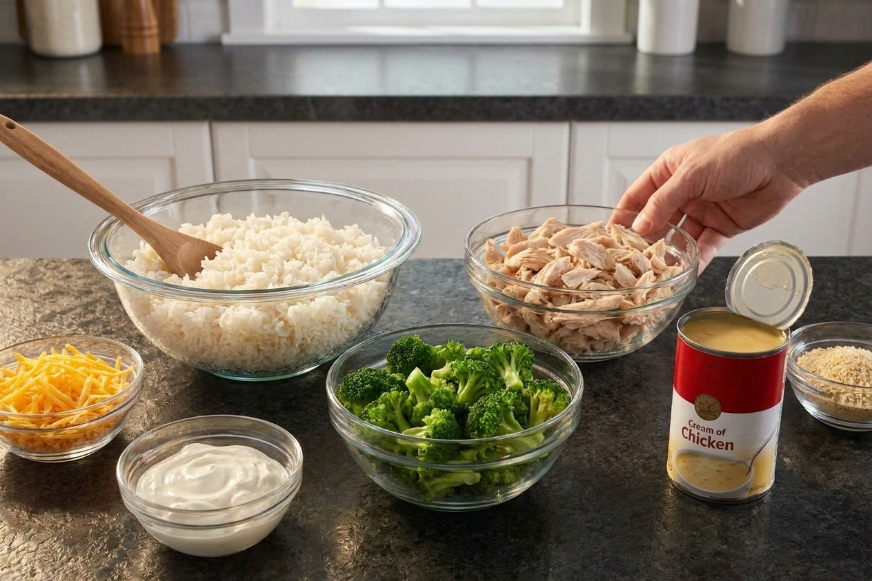 Ingredients for broccoli rice casserole arranged on a clean kitchen counter, including cooked rice, shredded chicken, broccoli florets, cheddar cheese, sour cream, cream of chicken soup, and breadcrumbs