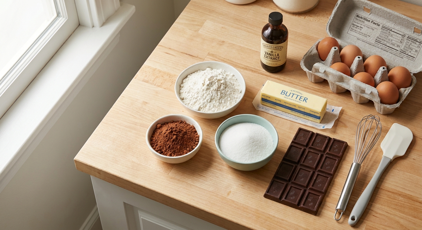 Ingredients for brownie pudding arranged on a light kitchen counter, including cocoa powder, flour, sugar, eggs, butter, vanilla, and chocolate