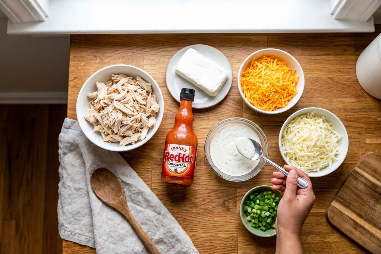 Ingredients for buffalo wing dip on a kitchen counter including shredded chicken, cream cheese, Frank’s RedHot, ranch dressing, shredded cheddar, shredded mozzarella, and green onions