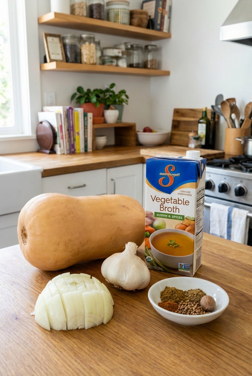 Ingredients for butternut squash soup arranged on a kitchen counter including squash, onion, garlic, spices, and broth