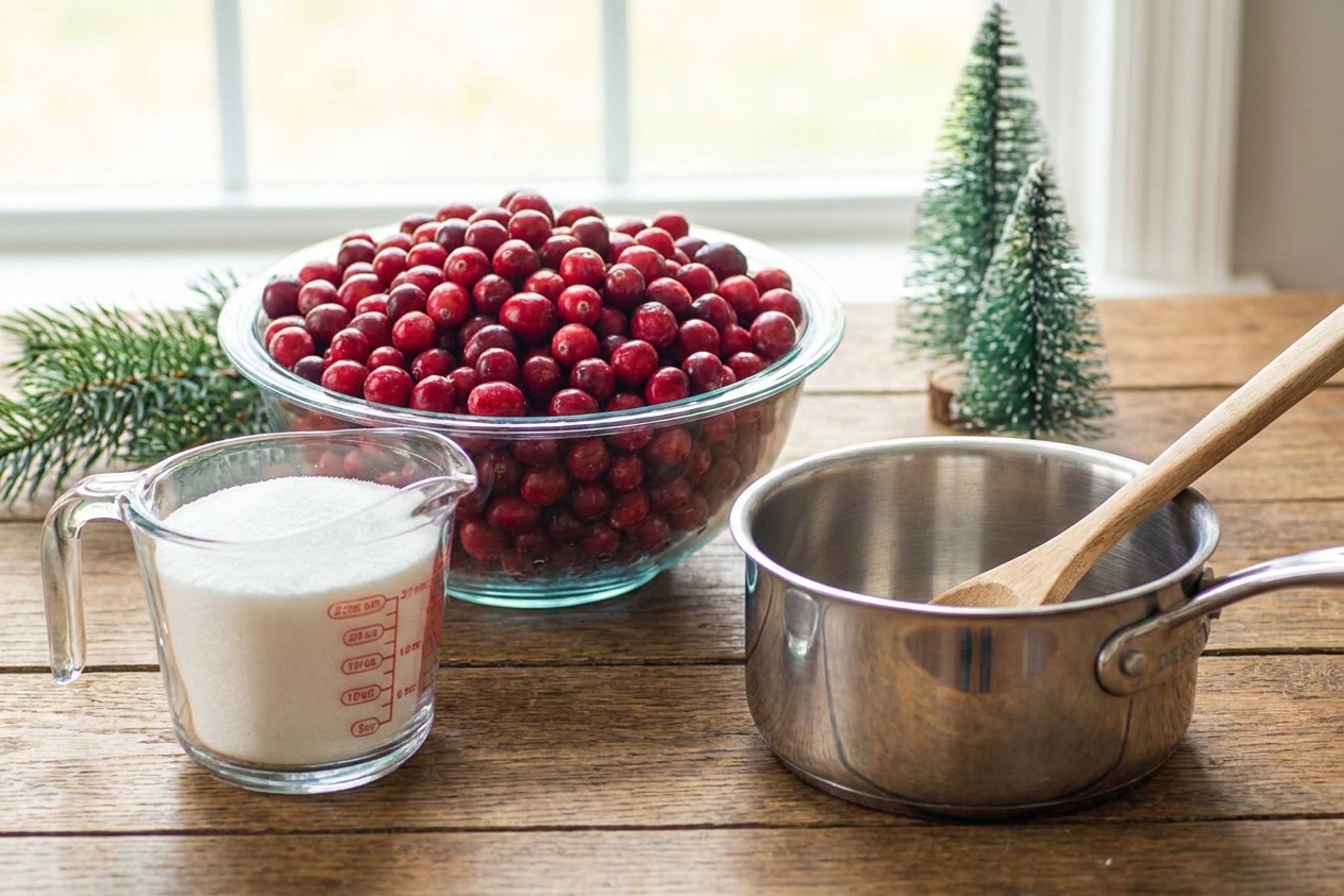 Ingredients for candied cranberries laid out on a kitchen counter with a bowl of fresh cranberries, a measuring cup of sugar, and a small saucepan