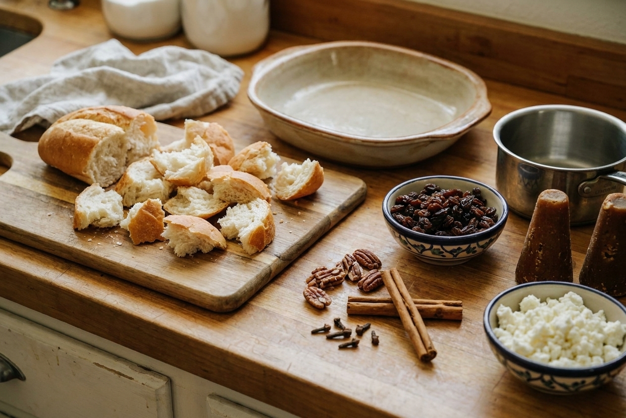 Ingredients for capirotada arranged on a kitchen counter: torn bolillo bread, a bowl of raisins, chopped pecans, crumbled queso fresco, cinnamon sticks, cloves, and piloncillo