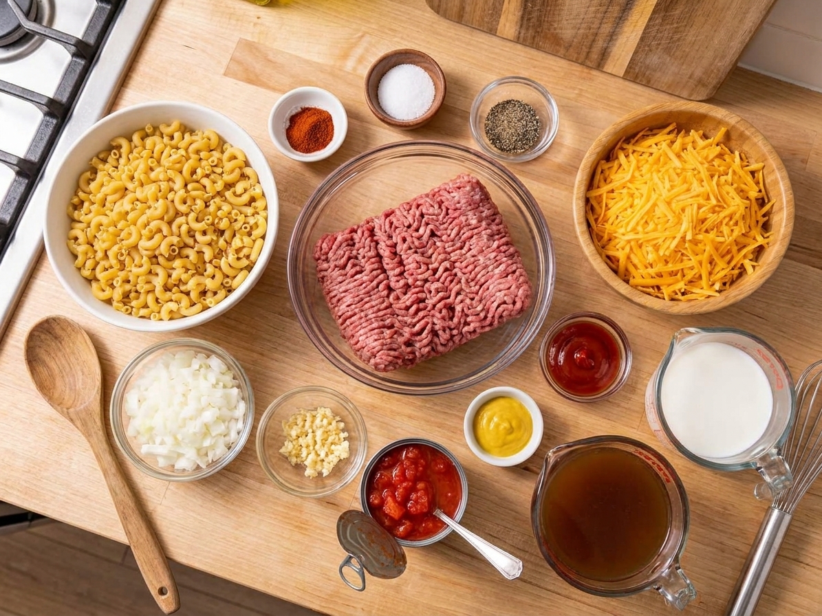 Ingredients for cheeseburger casserole arranged on a kitchen counter: ground beef, short pasta, cheddar, onion, garlic, canned tomatoes, milk, broth, ketchup, mustard, and seasonings in small bowls