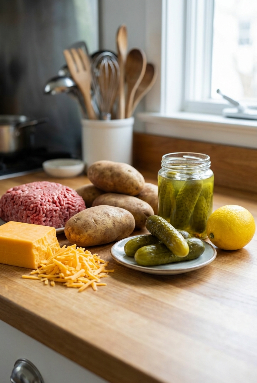Ingredients for cheeseburger soup arranged on a kitchen counter including ground beef, potatoes, cheddar, pickles, and a lemon