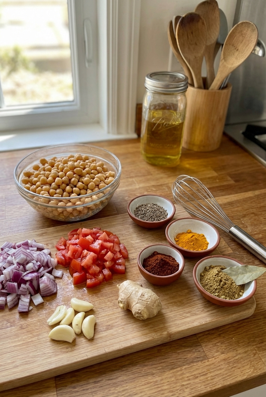Ingredients for chhole masala on a countertop including chickpeas, onions, tomatoes, garlic, ginger, and small bowls of spices