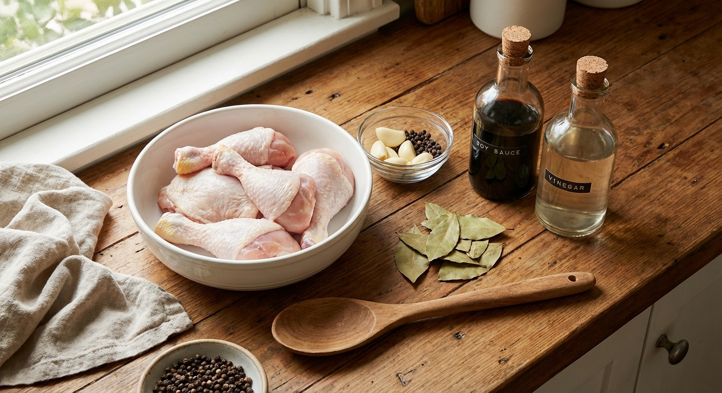 Ingredients for chicken adobo on a kitchen counter including chicken, garlic, soy sauce, vinegar, bay leaves, and peppercorns