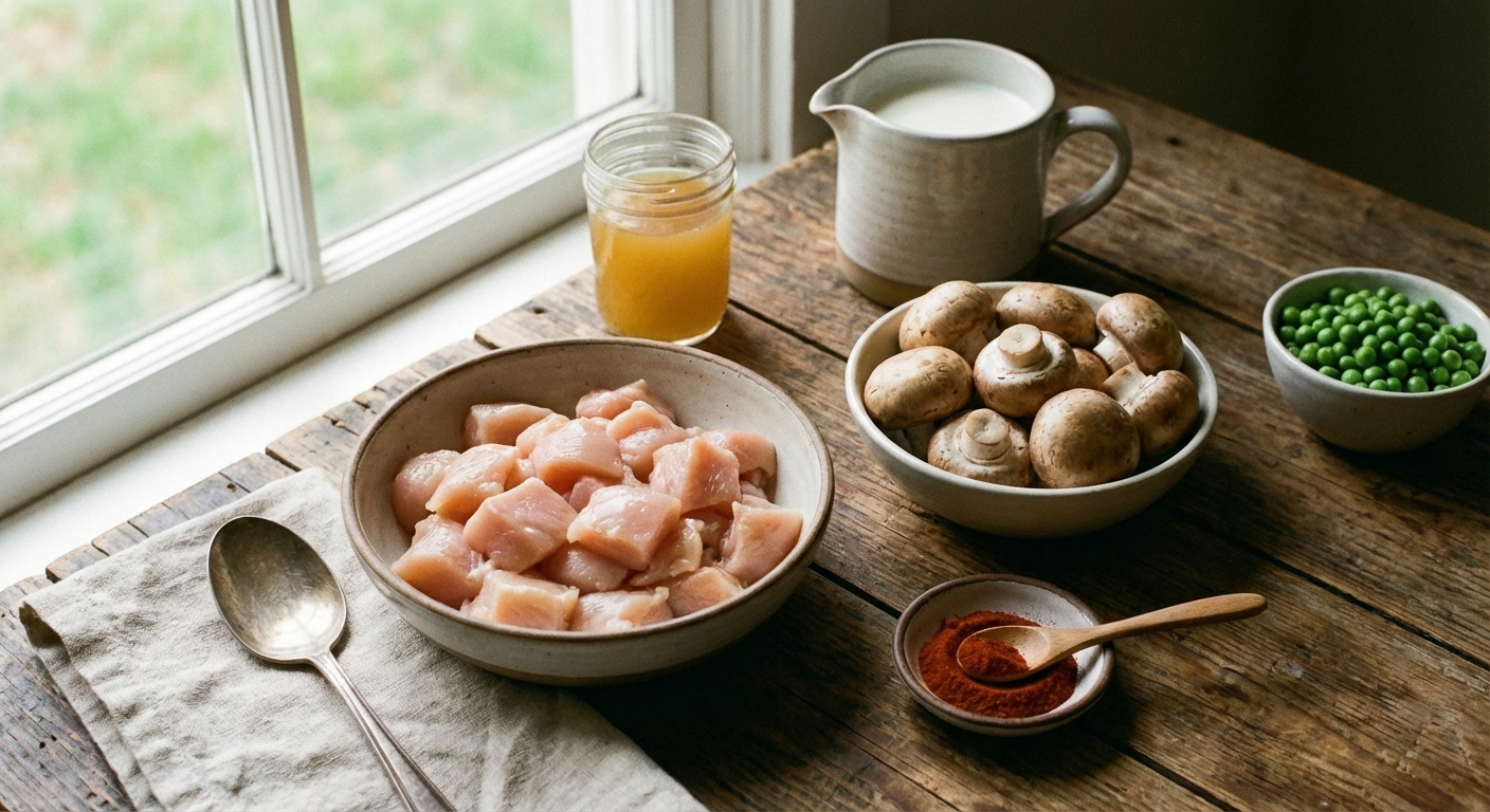 Ingredients for chicken ala king including chicken, mushrooms, peas, paprika, broth, and milk arranged on a kitchen counter