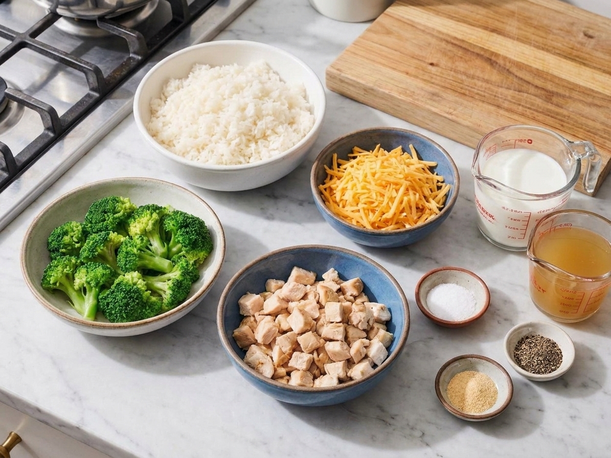 Ingredients for chicken broccoli rice casserole arranged on a kitchen counter, including cooked chicken, broccoli florets, rice, cheddar cheese, milk, broth, and seasonings