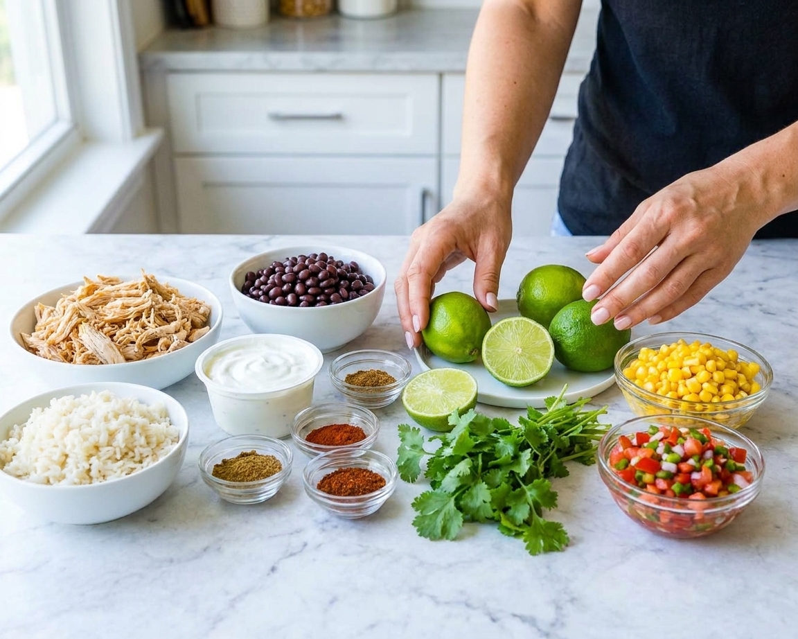 Ingredients for chicken burrito bowls arranged on a clean kitchen counter, including chicken, black beans, rice, limes, Greek yogurt, spices, cilantro, corn, and pico de gallo