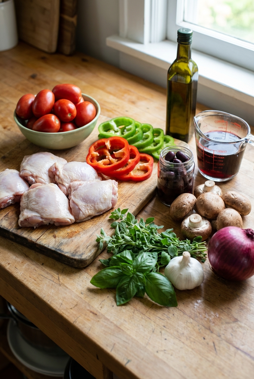 Ingredients for chicken cacciatore on a kitchen counter including chicken thighs, tomatoes, mushrooms, peppers, olives, and herbs