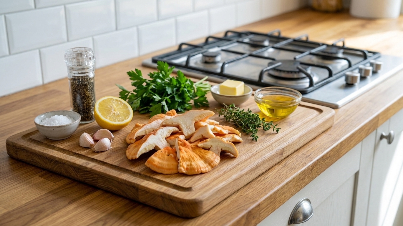 Ingredients for chicken of the woods skillet arranged on a wooden cutting board including sliced chicken of the woods mushrooms, garlic, lemon, butter, olive oil, parsley, thyme, salt, and black pepper on a bright kitchen counter