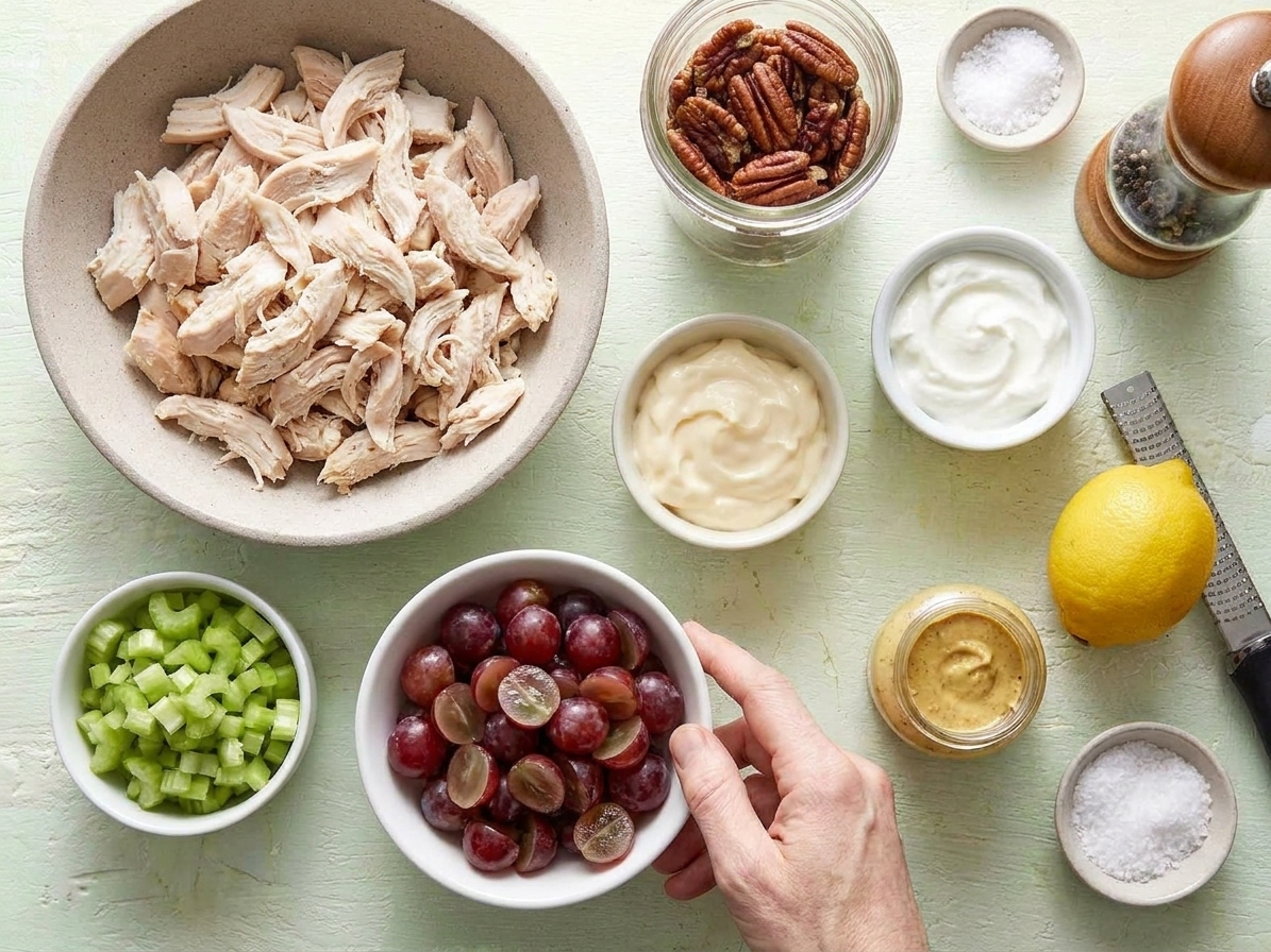 Ingredients for chicken salad laid out on a clean kitchen counter including shredded chicken, red grapes, celery, pecans, mayonnaise, Greek yogurt, lemon, Dijon mustard, salt, and black pepper