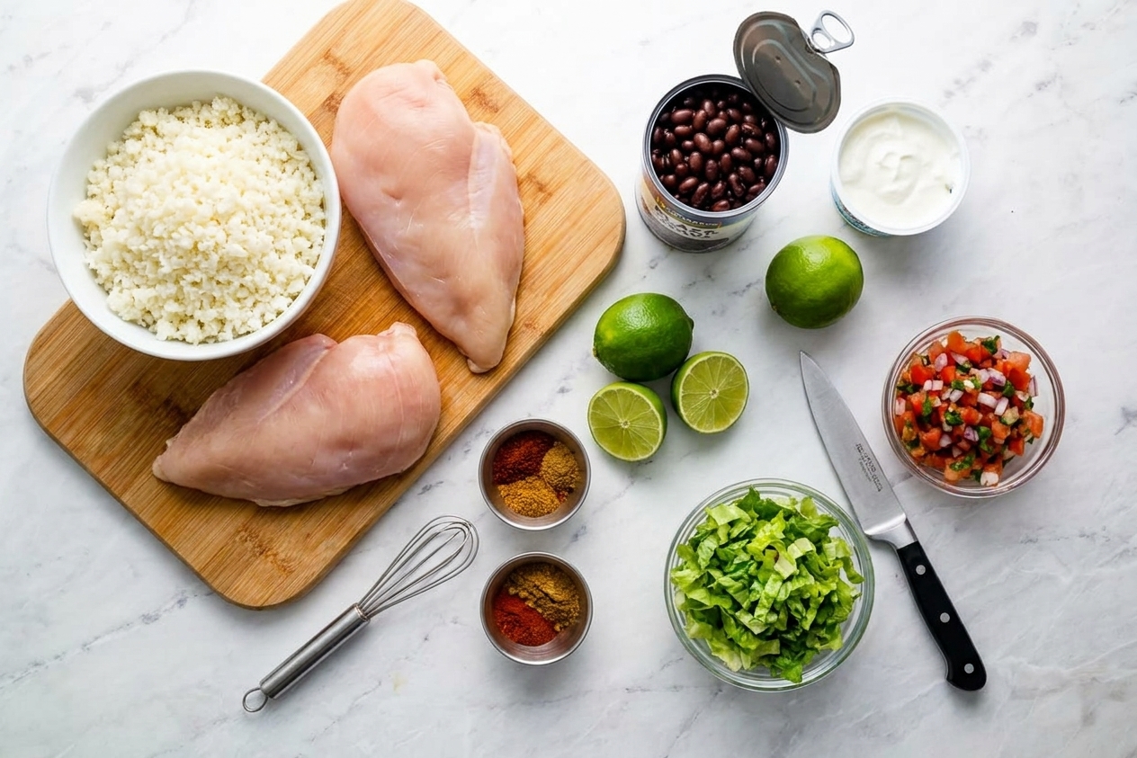 Ingredients for chicken taco bowls arranged on a kitchen counter, including chicken breast, cauliflower rice, black beans, Greek yogurt, limes, spices, lettuce, and pico de gallo
