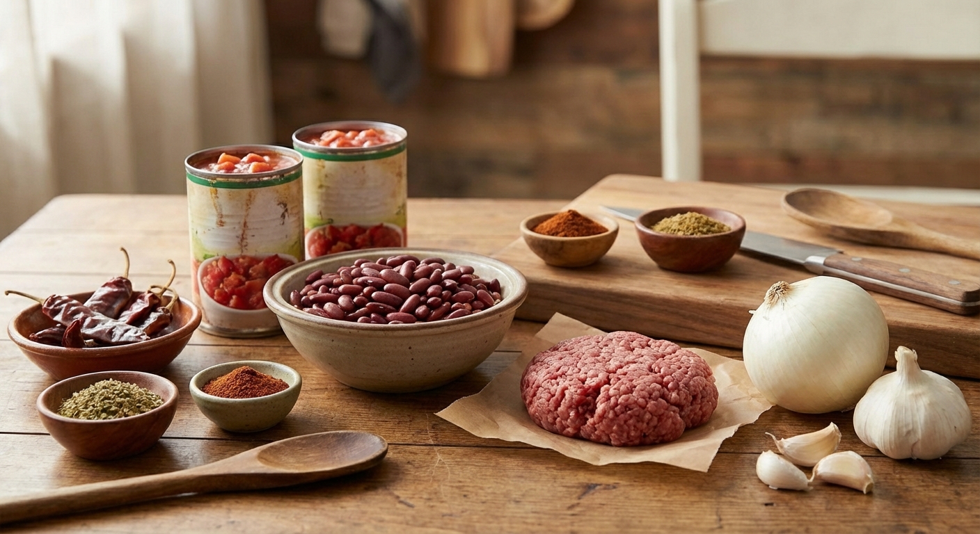 Ingredients for chili on a kitchen counter including canned tomatoes, beans, spices, onion, garlic, and ground beef