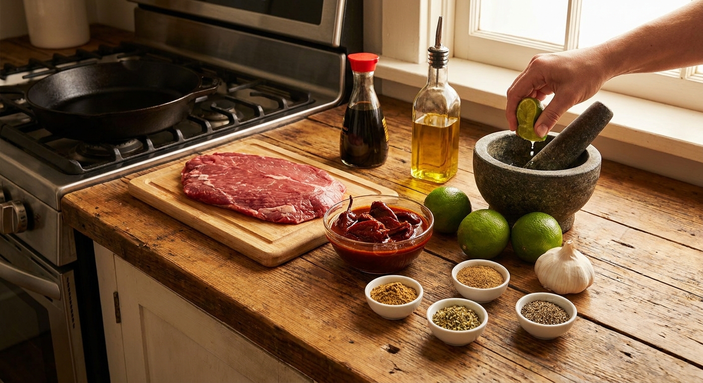 Ingredients for chipotle steak marinade arranged on a warm kitchen counter including flank steak, chipotle peppers in adobo, limes, garlic, spices, soy sauce, and olive oil