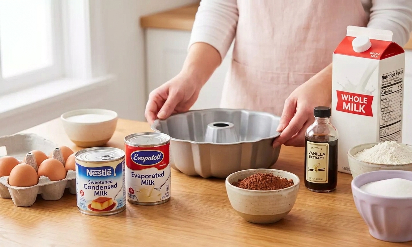 Ingredients for chocoflan arranged on a kitchen counter including eggs, sweetened condensed milk, evaporated milk, milk, vanilla, cocoa powder, flour, sugar, and a Bundt pan