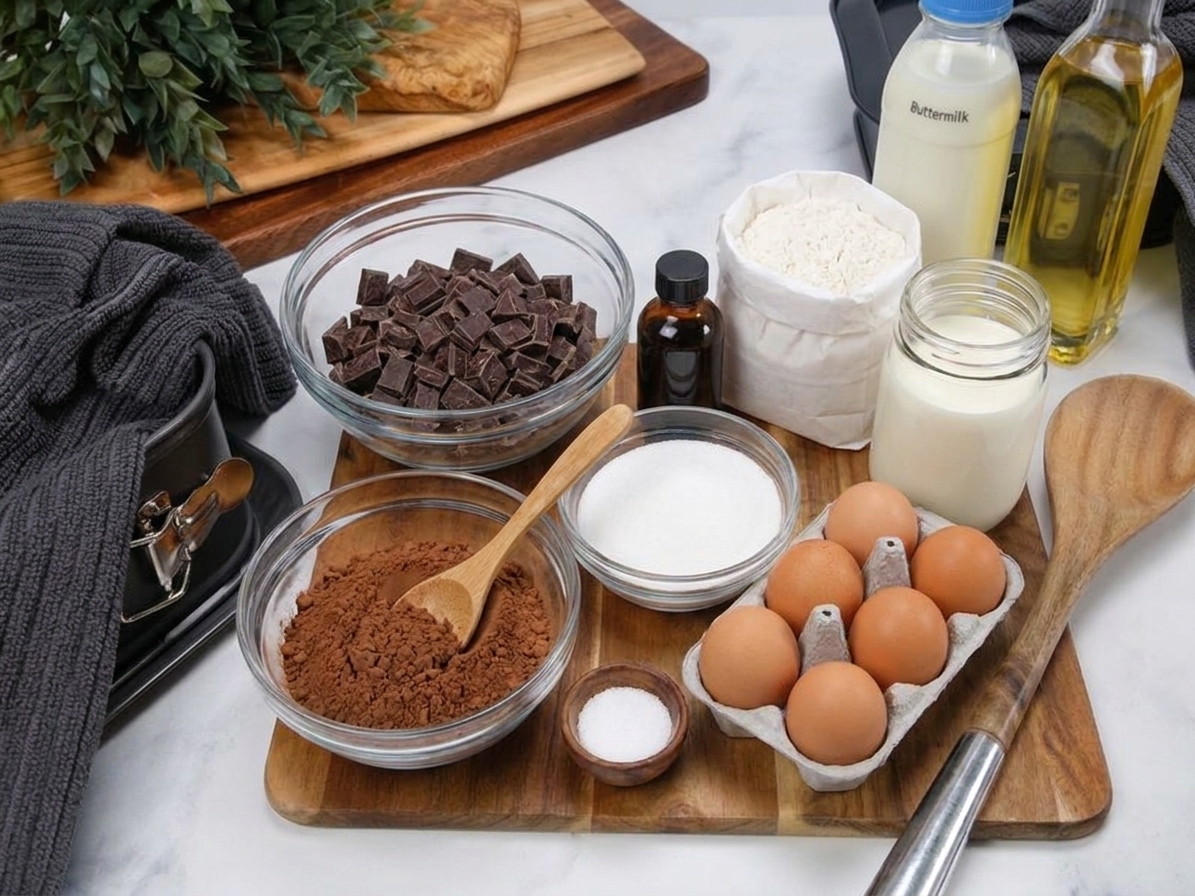 Ingredients for chocolate mousse cake arranged on a kitchen counter, including dark chocolate, cocoa powder, eggs, sugar, flour, heavy cream, vanilla, salt, buttermilk, and neutral oil