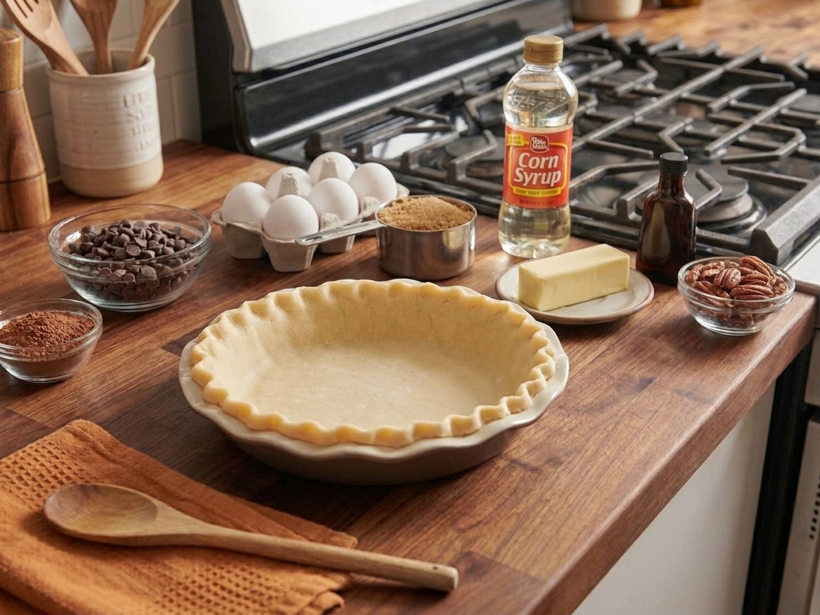 Ingredients for chocolate pecan pie on a kitchen counter, including pecans, chocolate, cocoa, eggs, brown sugar, corn syrup, butter, vanilla, and a pie crust