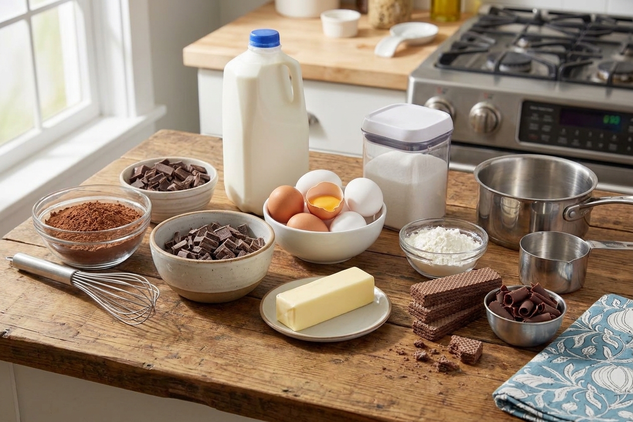 Ingredients for chocolate pudding pie arranged on a kitchen counter, including cocoa powder, chopped chocolate, milk, eggs, sugar, cornstarch, butter, and chocolate wafer cookies