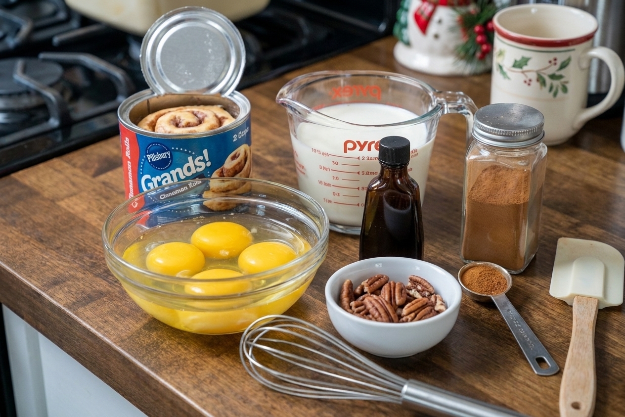Ingredients for cinnamon roll casserole including canned cinnamon rolls, eggs, milk, cream, vanilla, cinnamon, and pecans arranged on a kitchen counter