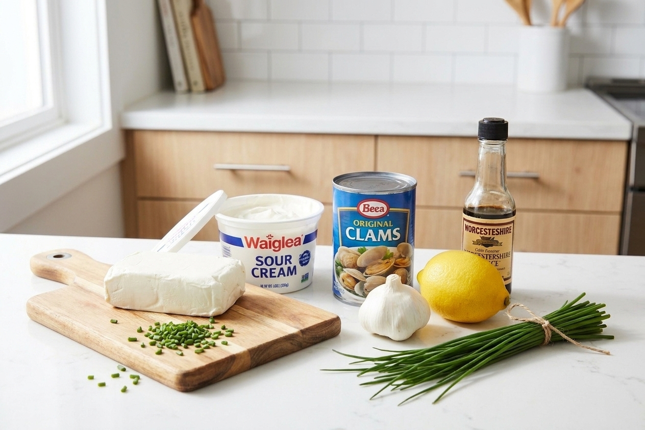 Ingredients for clam dip on a kitchen counter including canned clams, cream cheese, sour cream, lemon, garlic, Worcestershire sauce, and fresh chives