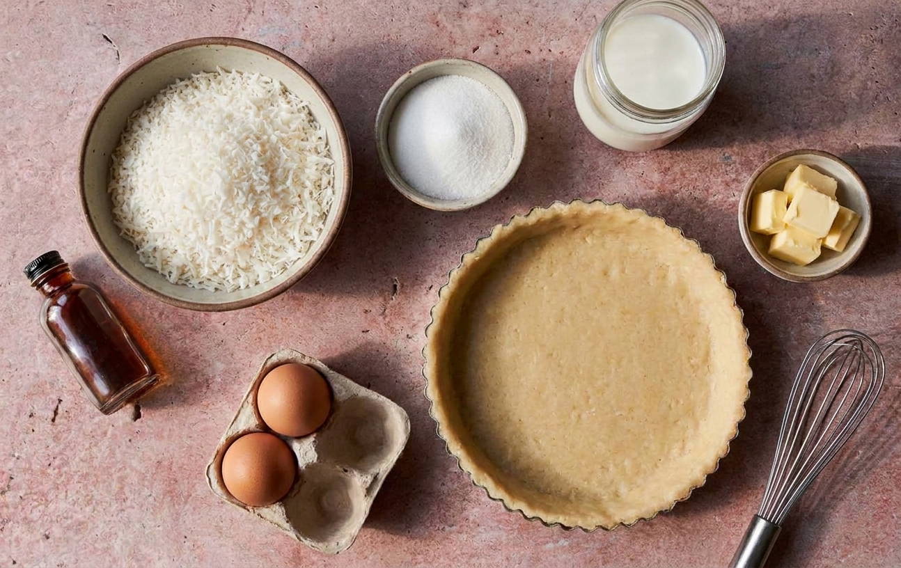Ingredients for coconut custard pie arranged on a clean kitchen counter, including eggs, milk, shredded coconut, sugar, vanilla, butter, and an unbaked pie crust