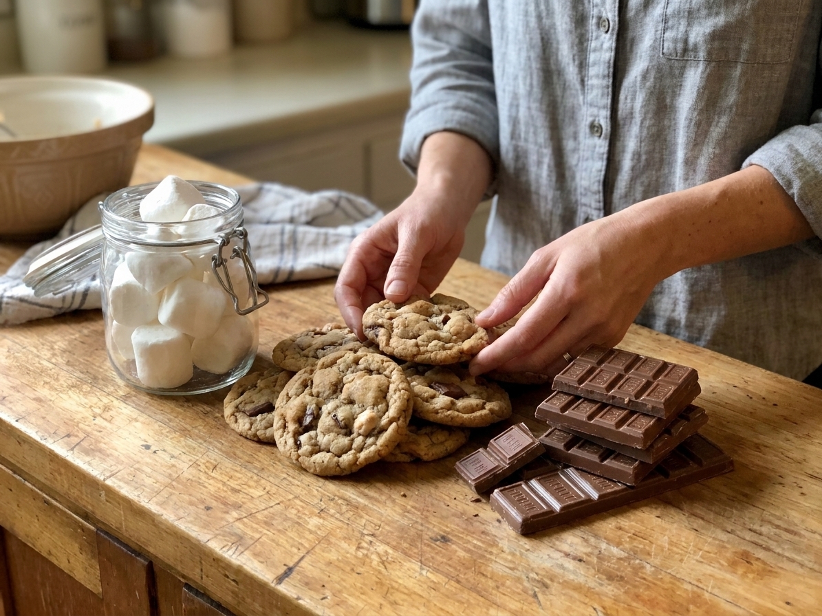 Ingredients for cookie s’mores arranged on a kitchen counter, including cookies, marshmallows, and chocolate