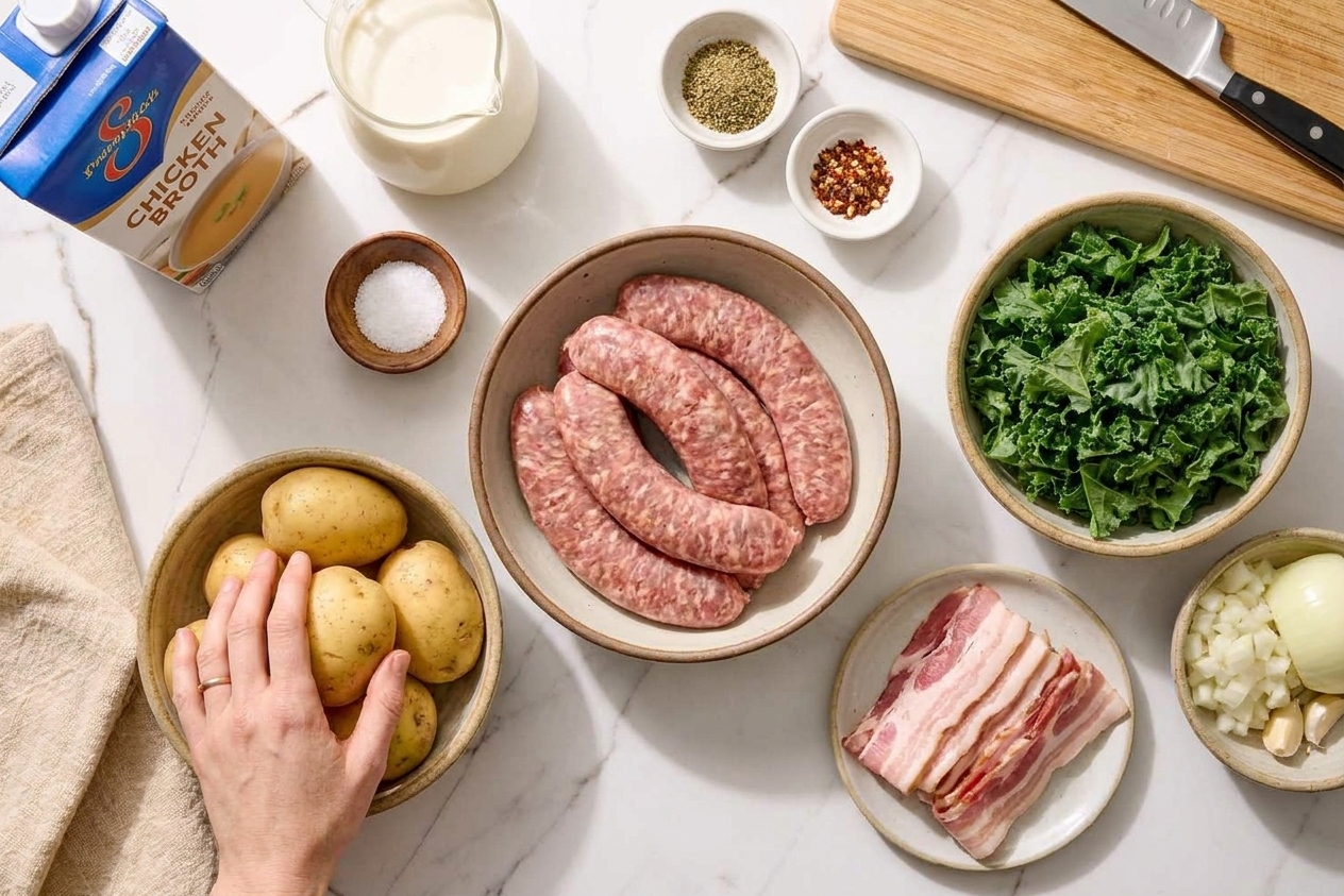 Ingredients for copycat Zuppa Toscana arranged on a kitchen counter: Italian sausage, potatoes, kale, onion, garlic, bacon, chicken broth, cream, and seasonings