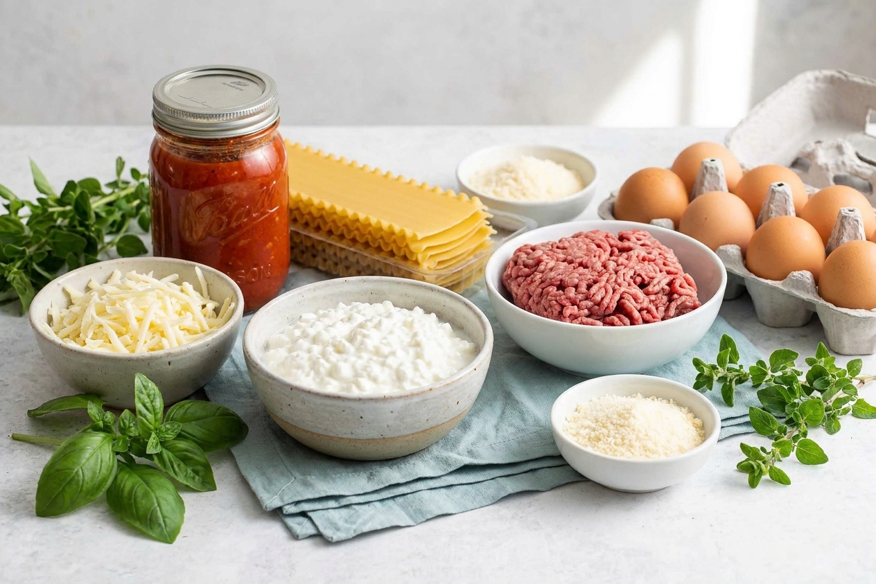 Ingredients for cottage cheese lasagna arranged on a clean kitchen counter, including noodles, cottage cheese, marinara, ground beef, mozzarella, parmesan, eggs, and herbs