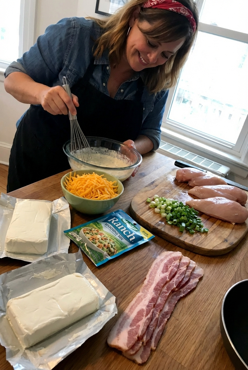 Ingredients for crack chicken arranged on a kitchen counter including chicken, cream cheese, cheddar, bacon, ranch seasoning, and green onions