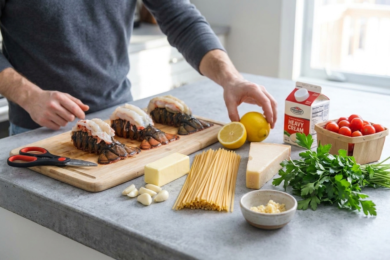 Ingredients for creamy lobster pasta arranged on a kitchen counter: lobster tails, dry linguine, butter, garlic, lemon, Parmesan, parsley, cream, and cherry tomatoes