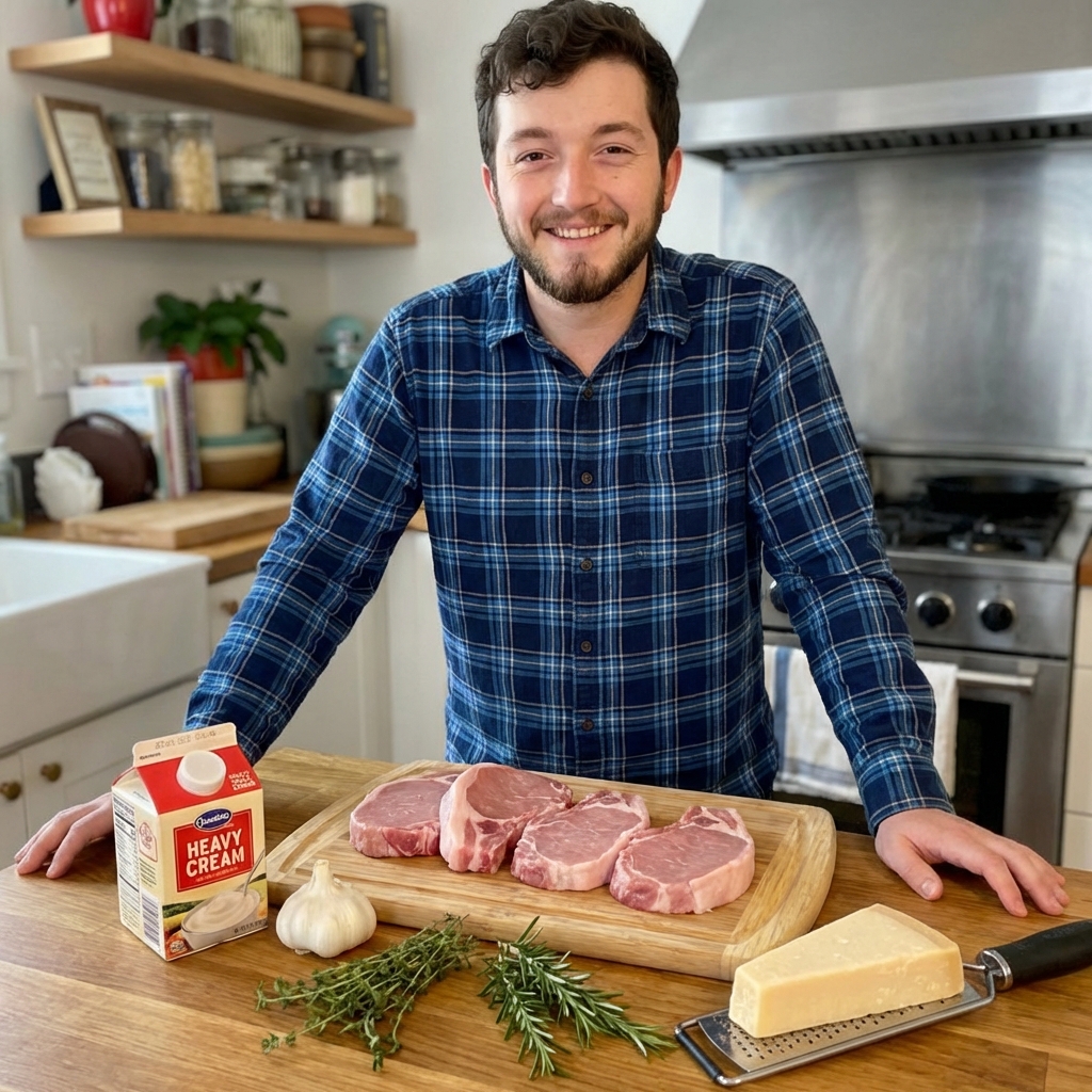 Ingredients for creamy oven baked pork chops arranged on a kitchen counter including pork chops, cream, garlic, Parmesan, and herbs
