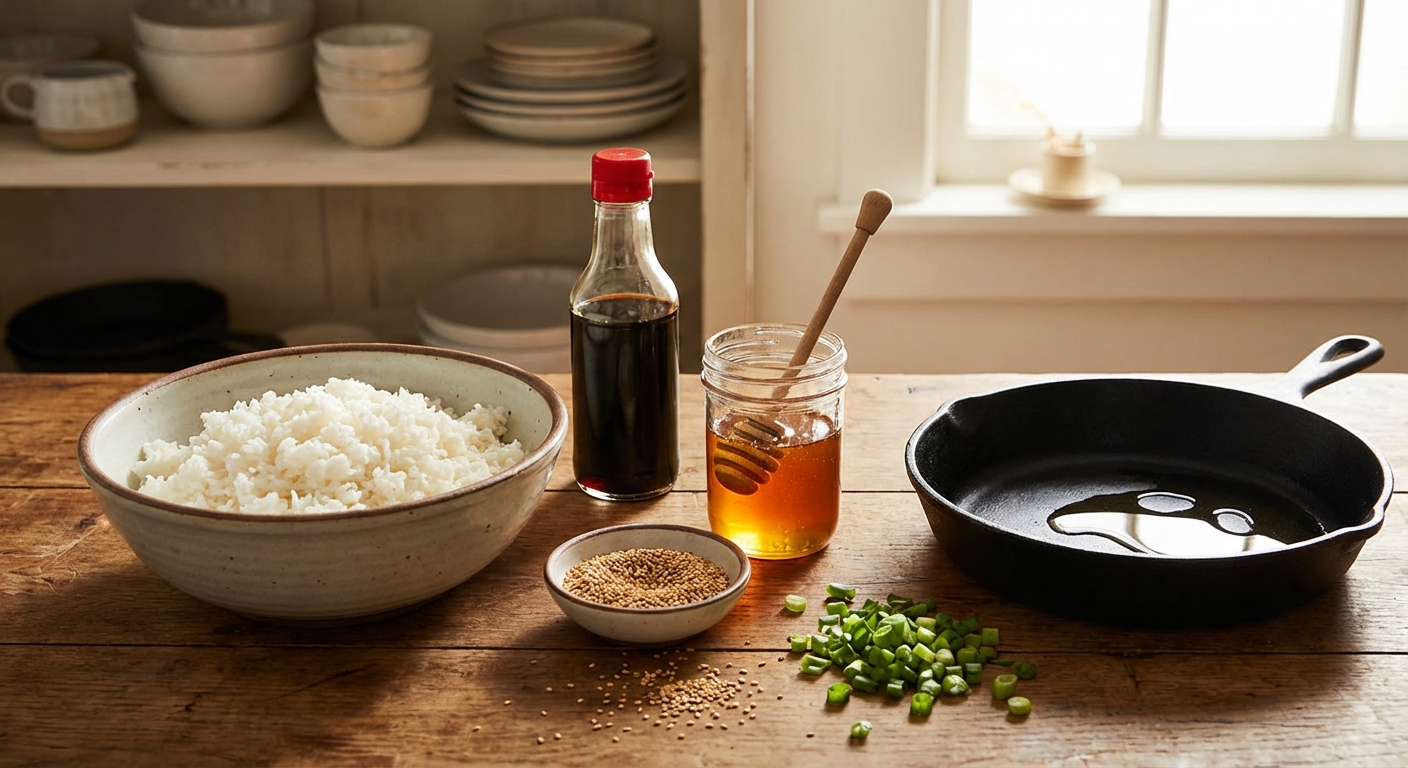 Ingredients for crispy rice and sweet soy glaze arranged on a kitchen counter with bowls of rice, soy sauce, honey, and sesame