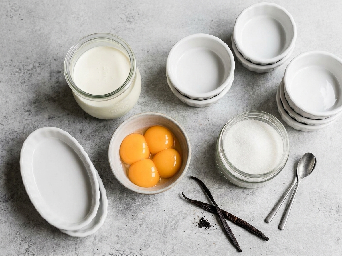 Ingredients for crème brûlée on a light kitchen counter: heavy cream, egg yolks, sugar, vanilla, and small ramekins