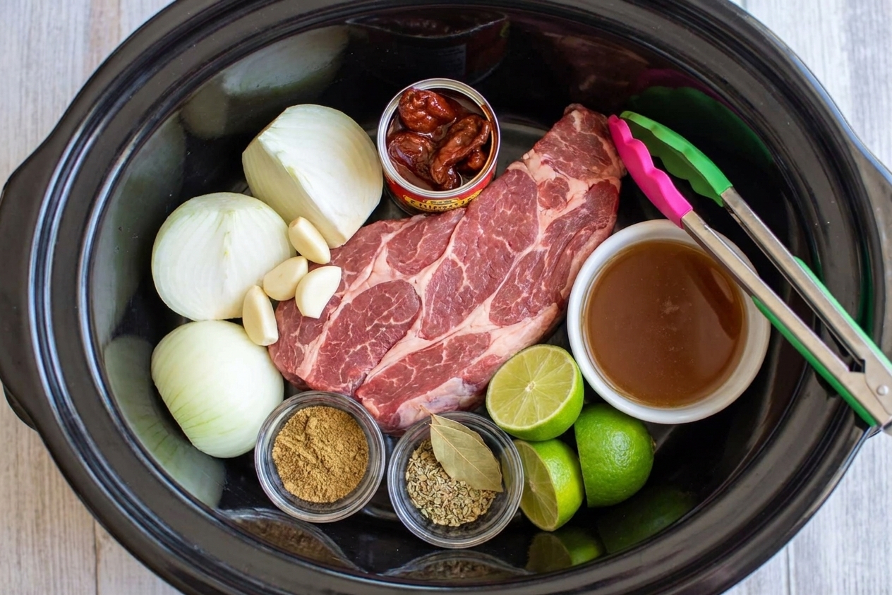 Ingredients for crock pot barbacoa including chuck roast, onions, garlic, chipotle peppers, limes, spices, and beef broth