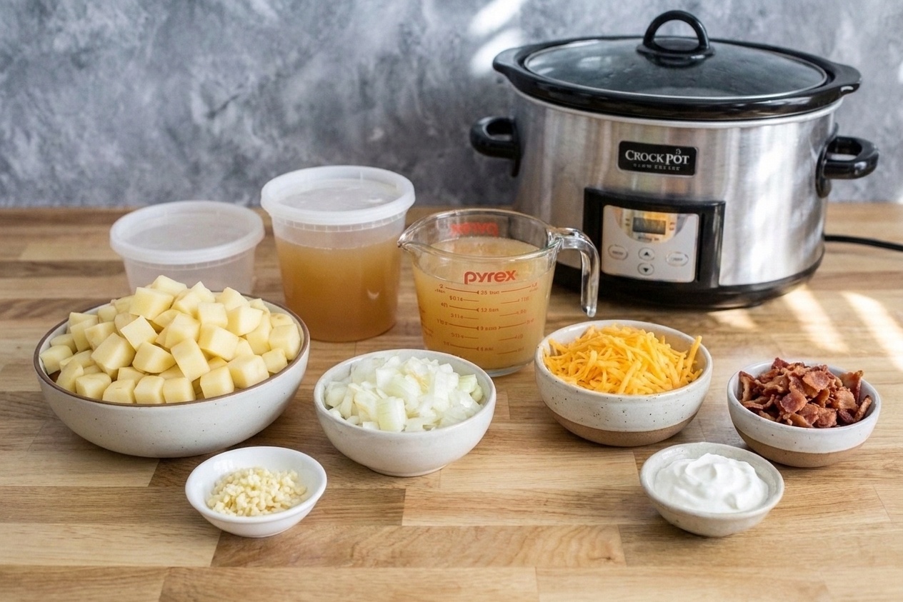 Ingredients for crock pot potato soup on a light kitchen counter including russet potatoes, onion, garlic, broth, cheddar, bacon, and sour cream in small bowls