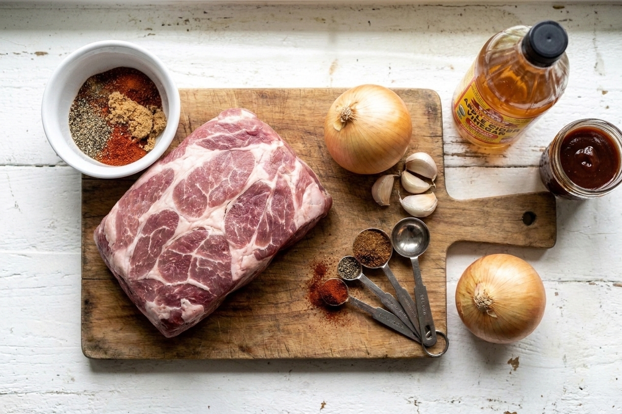 Ingredients for crock pot pulled pork arranged on a clean kitchen counter including pork shoulder, spices, onion, garlic, apple cider vinegar, and barbecue sauce