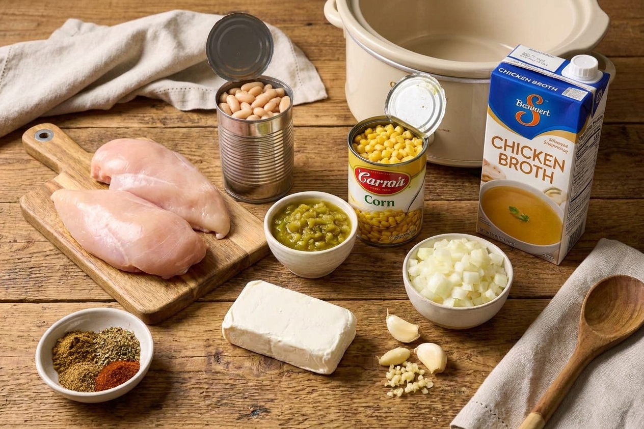 Ingredients for crock pot white chicken chili arranged on a kitchen counter, including chicken breasts, white beans, corn, green chiles, onion, garlic, broth, cream cheese, and spices