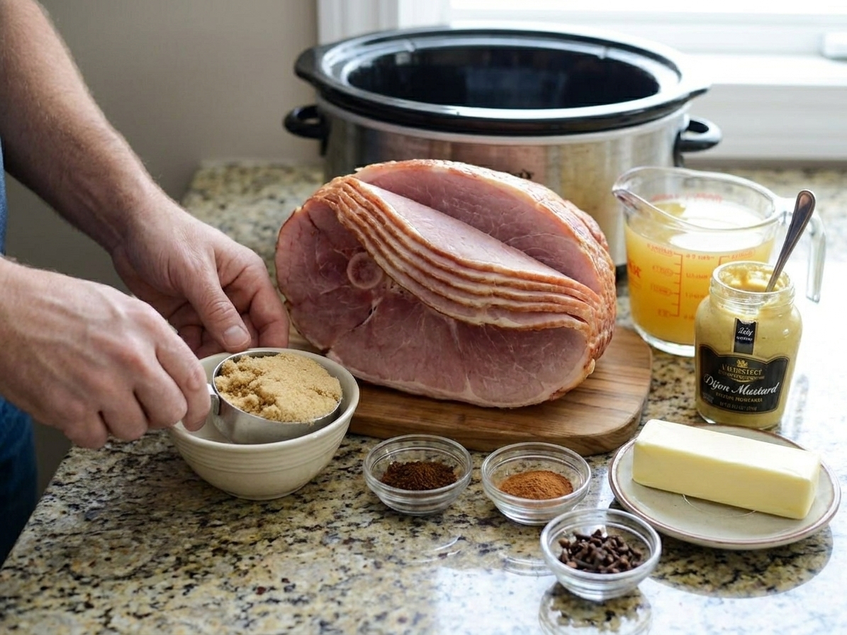 Ingredients for crockpot ham on a kitchen counter, including a spiral ham, brown sugar, pineapple juice, Dijon mustard, butter, and spices