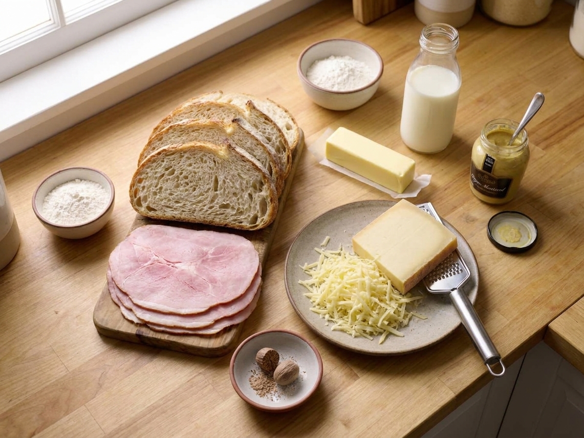 Ingredients for croque monsieur on a light kitchen counter including sliced bread, ham, Gruyère, butter, flour, milk, Dijon mustard, and a small dish of nutmeg